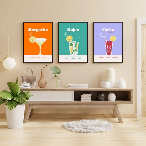 Renkli Kokteyler Duvar Tablosu Çerçeveli 3'lü Set Siyah Renk 30 x 42 Boyut/Ebat