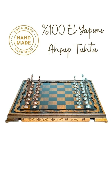 MC44 Büyük Boy Metal Satranç Takımı – Gerçek Ceviz Tahta – El Yapımı Antik Taşlar 35x35cm - 5