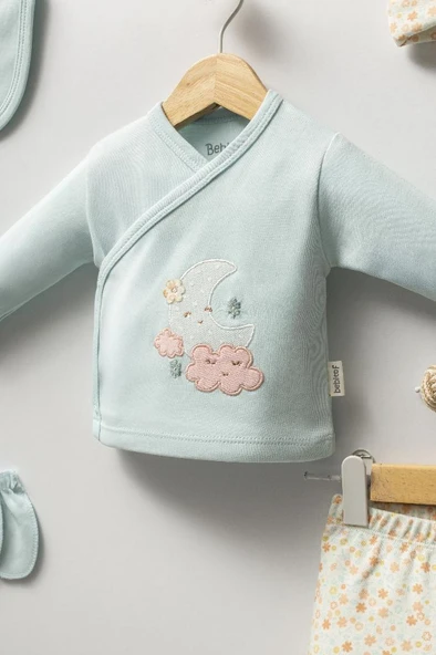 Bebitof %100 Pamuk Sevimli Ay ve Bulutlar Desenli Bebek 5 Parça Yenidoğan Hastane Çıkışı Zıbın Seti BBTF.YSL.20223 - 2