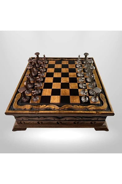 MC02 Metalicraft Premium Metal Satranç Takımı - Doğal Ahşap Çekmeceli Ceviz Tahta - El Yapımı - 2