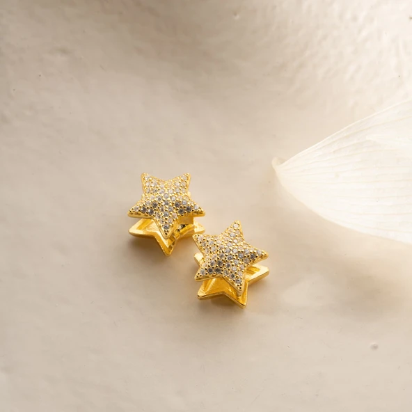 925 Ayar Gümüş Çift Taraflı Taşlı Yıldız Küpe - Resim 2