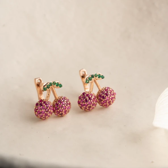 925 Ayar Gümüş Renkli Taşlı Kiraz Küpe - 7