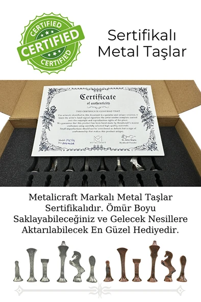 MC54 - Metal Satranç Takımı - 25cm Mermer Desenli Satranç Tahtası - Sertifikalı Antik Metal Taşlar - 5
