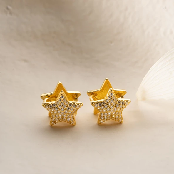 925 Ayar Gümüş Çift Taraflı Taşlı Yıldız Küpe - Resim 4