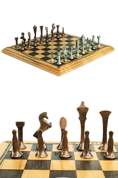 MC52 Metal Satranç Takımı | El Yapımı Doğal Ahşap Kayın Tahta | Antik Metal Taşlar