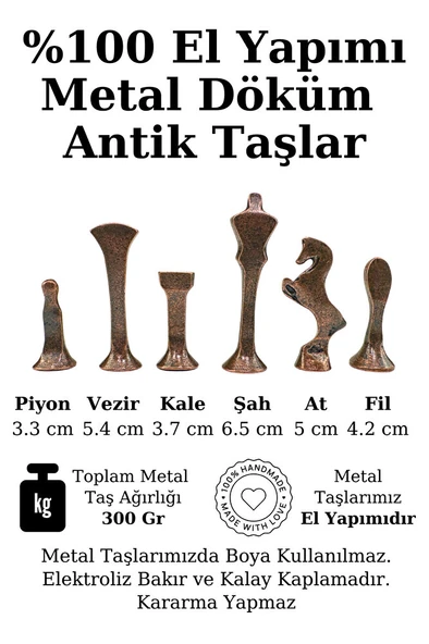 MC54 - Metal Satranç Takımı - 25cm Mermer Desenli Satranç Tahtası - Sertifikalı Antik Metal Taşlar - 3