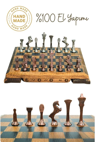MC53 Satranç Takımı | El Yapımı Gerçek Ceviz Ağacı Satranç Tahtası | Antik Metal Satranç Taşları - 2