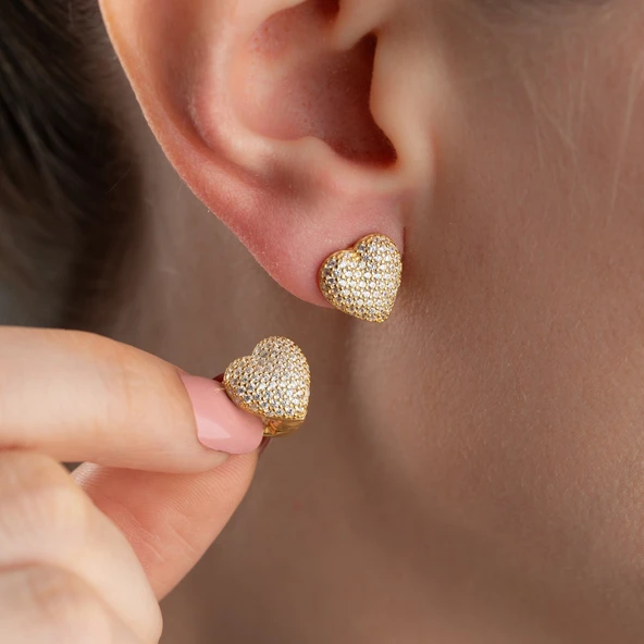 925 Ayar Gümüş Çift Taraflı Taşlı Kalp Küpe ürün görseli