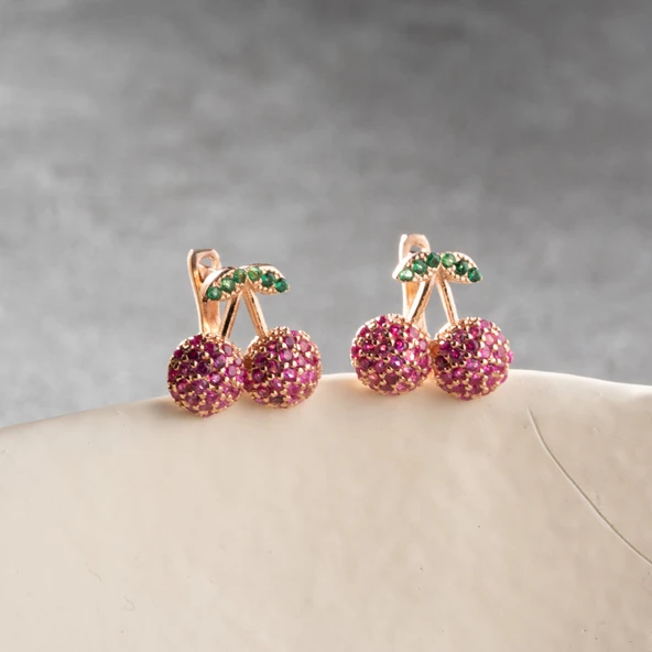 925 Ayar Gümüş Renkli Taşlı Kiraz Küpe - 2