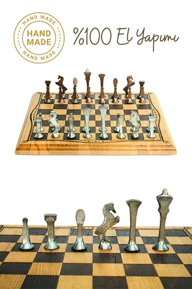 MC52 Metal Satranç Takımı | El Yapımı Doğal Ahşap Kayın Tahta | Antik Metal Taşlar - 2