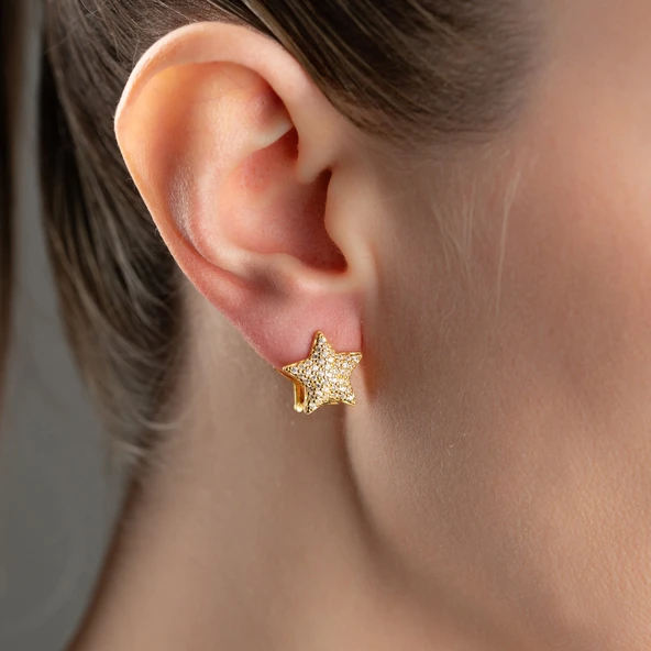 925 Ayar Gümüş Çift Taraflı Taşlı Yıldız Küpe - Resim 3