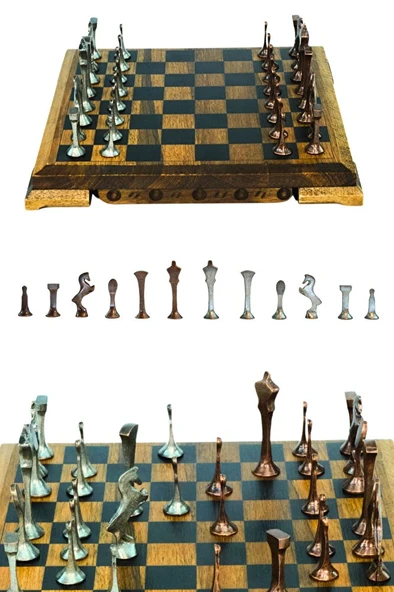 MC53 Satranç Takımı | El Yapımı Gerçek Ceviz Ağacı Satranç Tahtası | Antik Metal Satranç Taşları - 3
