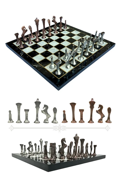 MC54 - Metal Satranç Takımı - 25cm Mermer Desenli Satranç Tahtası - Sertifikalı Antik Metal Taşlar