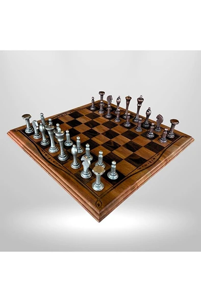 MC29 Metal Satranç Takımı - Doğal Ahşap Kayın Tahta - El Yapımı Antik Metal Taşlar