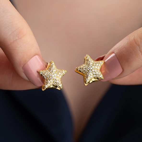 925 Ayar Gümüş Çift Taraflı Taşlı Yıldız Küpe - Resim 5