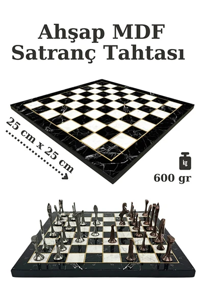 MC54 - Metal Satranç Takımı - 25cm Mermer Desenli Satranç Tahtası - Sertifikalı Antik Metal Taşlar - 2