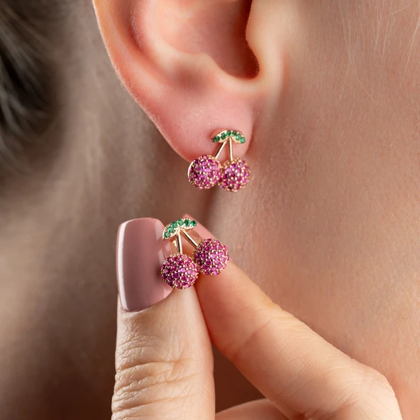 925 Ayar Gümüş Renkli Taşlı Kiraz Küpe - 6