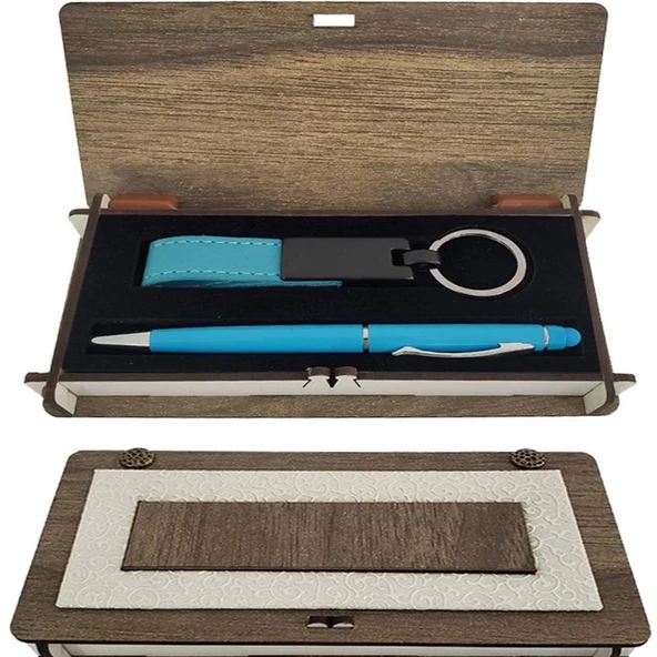 pilelistore Mavi Kalem Ve Anahtarlık Ahşap Kutulu Set