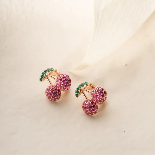 925 Ayar Gümüş Renkli Taşlı Kiraz Küpe - 5