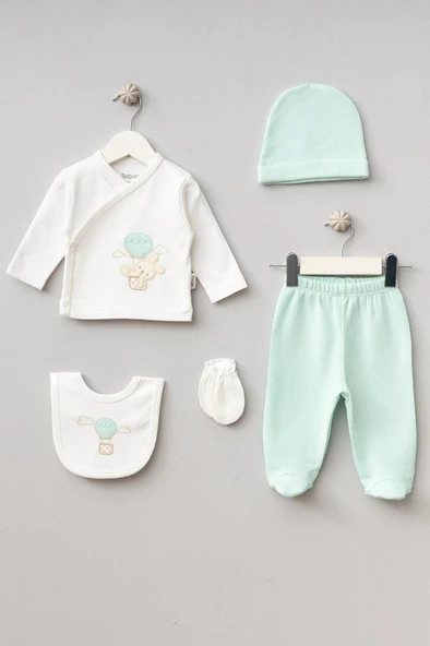 Bebitof %100 Pamuk Balonlu Tavşan Desenli 5 Parça Yenidoğan Hastane Çıkışı Zıbın Seti BBTF.SYSL.20119