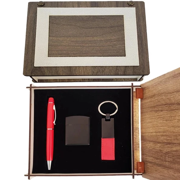 pilelistore Özel Ahşap Kutulu Kırmızı Kalem Anahtarlık Ve Çakmak Set