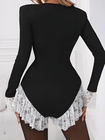 Kadın V Yaka Uzun Kollu Gizli Fermuar Dekolte Ve Dantel Volan Detay Mini şort Tulum - 2