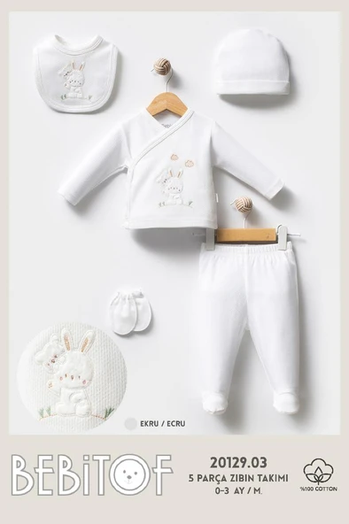 Bebitof %100 Pamuk Sevimli Tavşan Desenli 5 Parça Yenidoğan Hastane Çıkışı Zıbın Seti BBTF.EKR.20129 - 2
