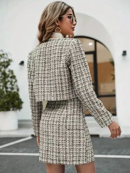 Kadın Uzun Kollu önü Açık Dokuma Ceket Ve Mini Etek Ikili Takım - Resim 2