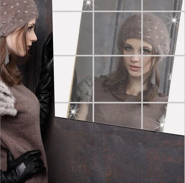 pilelistore Yapışkanlı Dekoratif Folyo Ayna Kare ( 9 Adet ) Makyaj Aynası - Resim 4