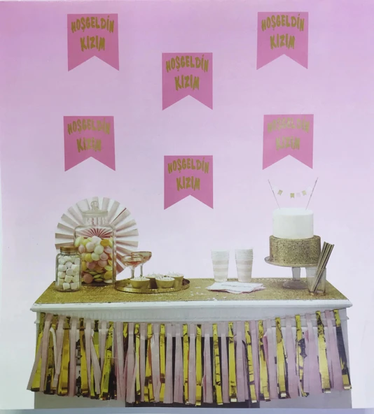 pilelistore Parti Malzemeleri Pembe Üzeri Altın Hoşgeldin Kızım Flama Süs