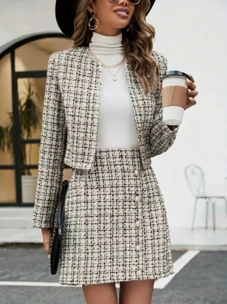 Kadın Uzun Kollu önü Açık Dokuma Ceket Ve Mini Etek Ikili Takım - Resim 6