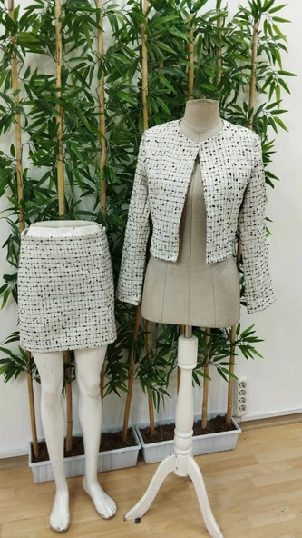 Kadın Uzun Kollu önü Açık Dokuma Ceket Ve Mini Etek Ikili Takım - Resim 9