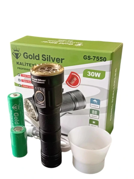 GOLD SILVER 30w Profesyonel Şarjlı Ledli Elfeneri 3 Kademeli Işık Ve Flaşör IP44