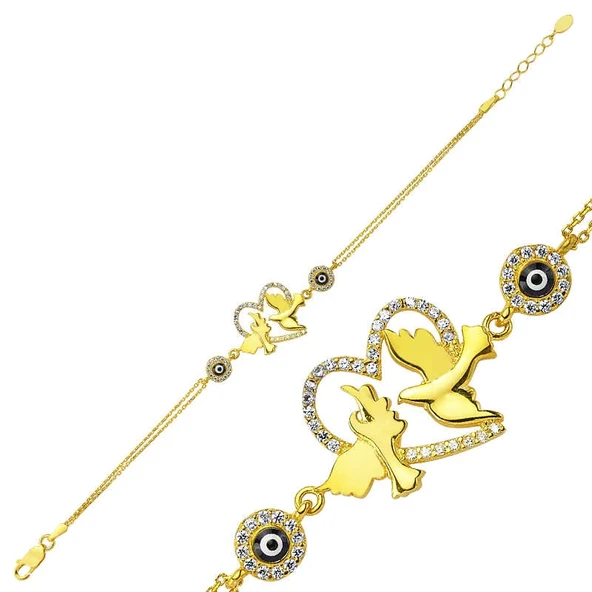 pilelistore 925 Ayar Gümüş Gold Kalpli Güvercin Bileklik ürün görseli