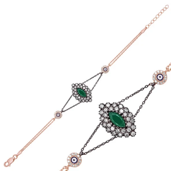 pilelistore 925 Ayar Gümüş Rose Mat Yeşil Taşlı Otantik Bileklik - Resim 2