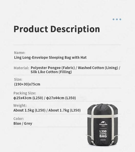 Naturehike Zarf Tarzı Kapüşonlu Uyku Tulumu -10°C Mavi Left (Sol) - Resim 4