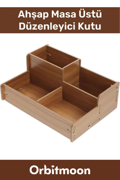 Premium 4 Gözlü Bölmeli Demonte Kalem Makyaj Kırtasiye Malzemesi Ahşap Masaüstü Düzenleyici Kutu
