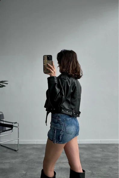 Yeni Sezon Oversize Kadın Siyah Biker Deri Ceket - 3