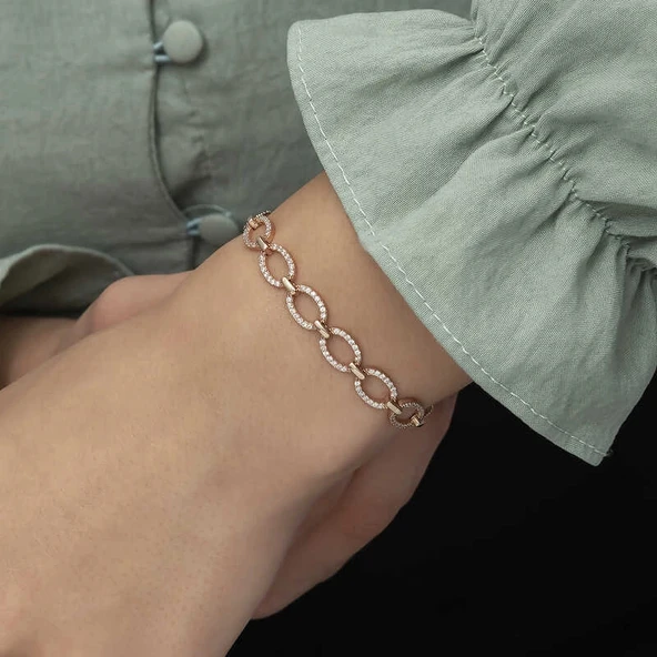 pilelistore 925 Ayar Gümüş Rose Oval Taşlı Bileklik - Resim 5