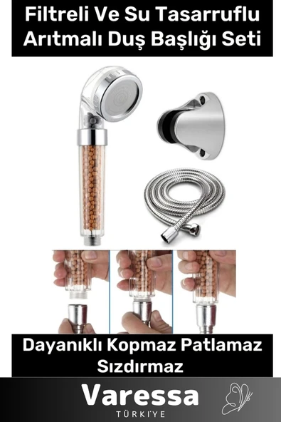 Su Tasarruflu Arıtmalı Paslanmaz Filtreli Duş Başlığı Doğal Taş Boncuklu Başlık Hortum Mafsal Seti