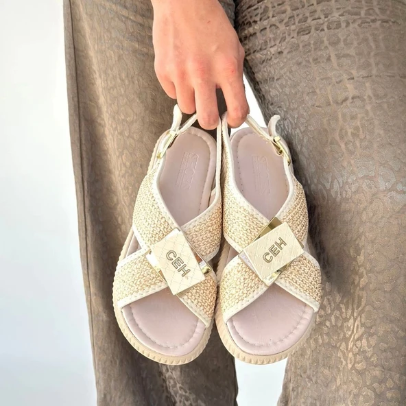 Cate Bej Hasır Cilt Sandalet - Resim 4