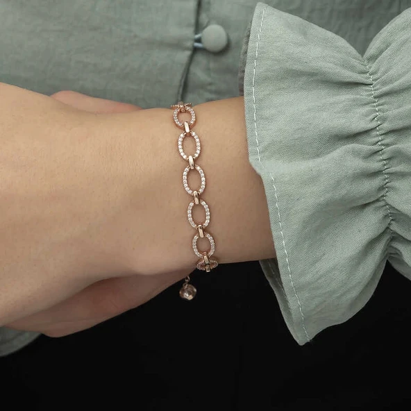 pilelistore 925 Ayar Gümüş Rose Oval Taşlı Bileklik - Resim 2