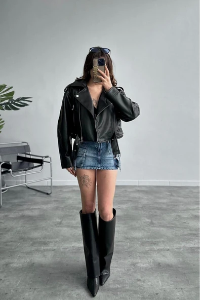 Yeni Sezon Oversize Kadın Siyah Biker Deri Ceket - 2