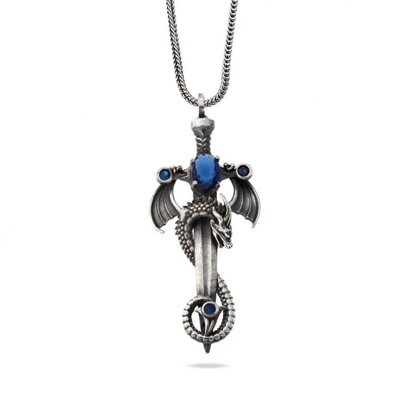 pilelistore 925 Ayar Gümüş Safir Taşlı Ejderha Erkek Kılıç Kolye