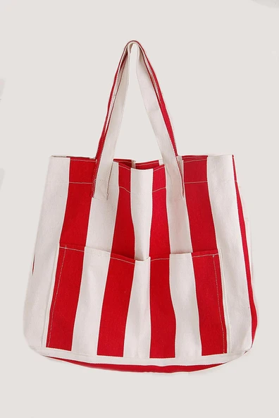 pilelistore Kadın Kanvas 2 Cepli Günlük Renkli Plaj Omuz Çantası Kırmızı - 4