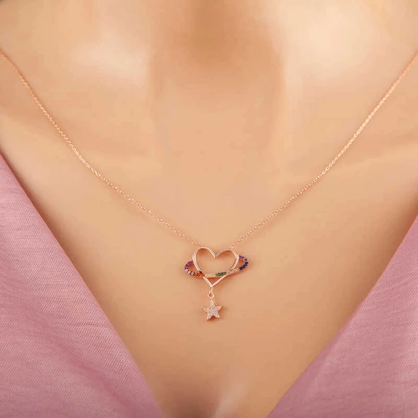 pilelistore 925 Ayar Gümüş Rose Kalp Yıldız Kadın Kolye