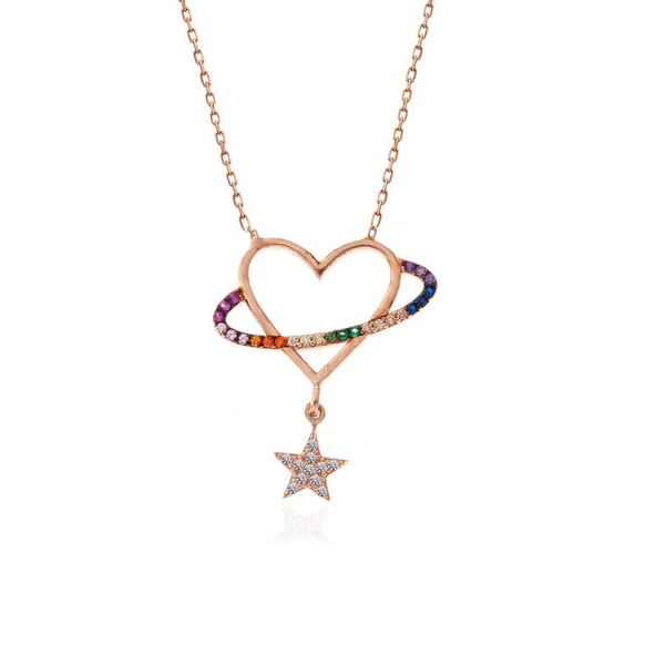 pilelistore 925 Ayar Gümüş Rose Kalp Yıldız Kadın Kolye - 2