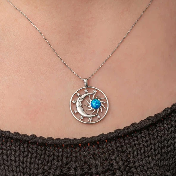 pilelistore Gümüş Opal Mavi Taşlı Ay Güneş Kadın Kolye - Resim 5