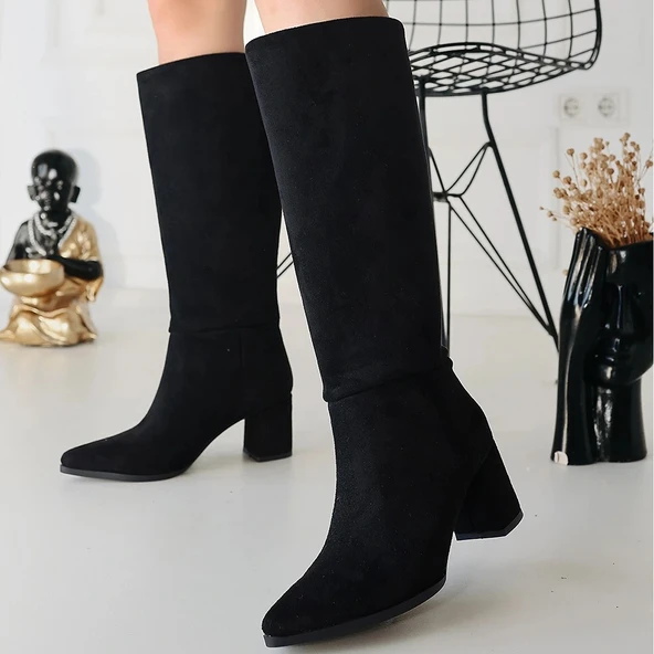 Roksa Siyah Süet Topuklu Çizme - Resim 4