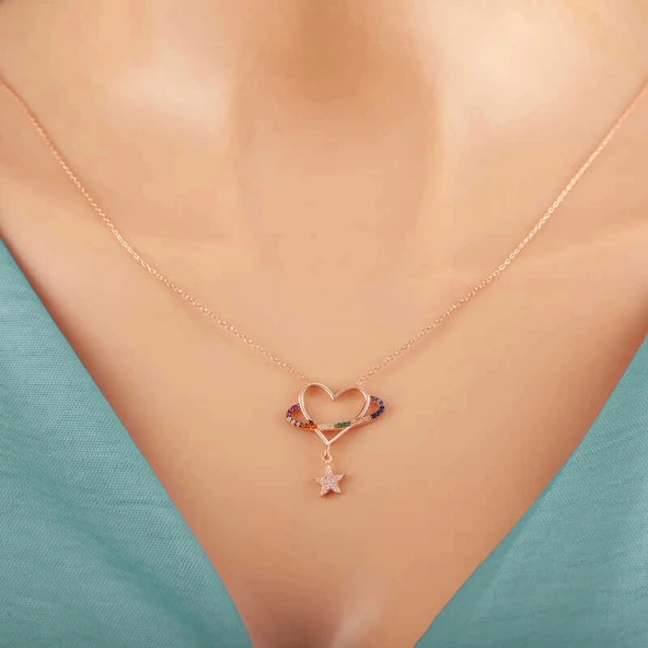 pilelistore 925 Ayar Gümüş Rose Kalp Yıldız Kadın Kolye - 4
